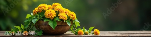 Vines entwined with golden marigolds in a wooden basket, basket, wood, bloom