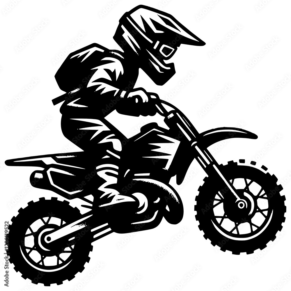 Fototapeta premium Motorcross Silhouette: A dynamic illustration showcases a motocross rider, skillfully navigating challenging terrain on a powerful dirt bike, capturing the essence of speed and agility. 