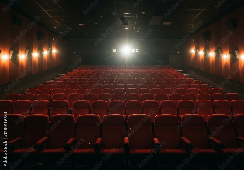 Fototapeta premium Inside a vacant cinema: rows of red chairs stretching towards the distant screen in a dimly lit hall