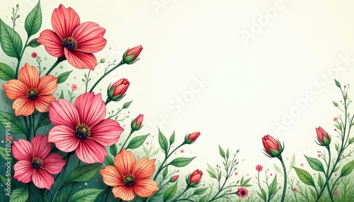 Intricate line art spring flowers and vines, green accents, border, flowers