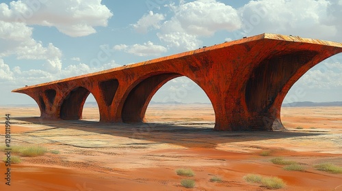 Architectural wonder red stone arch bridge structure on desert arid landscape under clear cloudy sky abstract design and destination concept