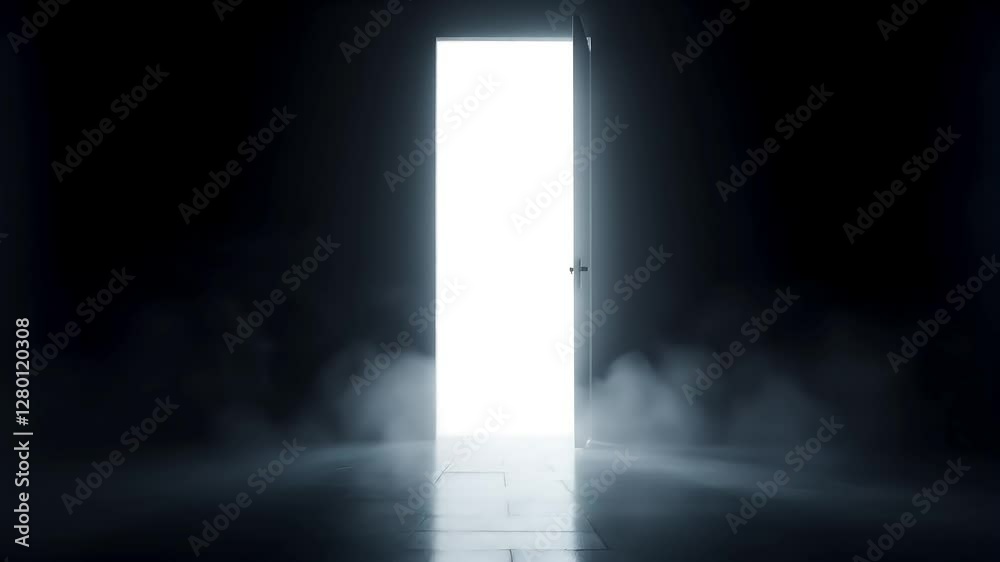 Open glowing white door with dark background and rising fog