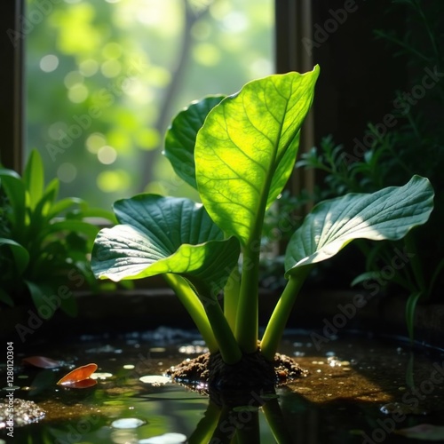 Xanthosoma plant in a shaded area with sunlight filtering through, aquatic plant, indirect light, greenery