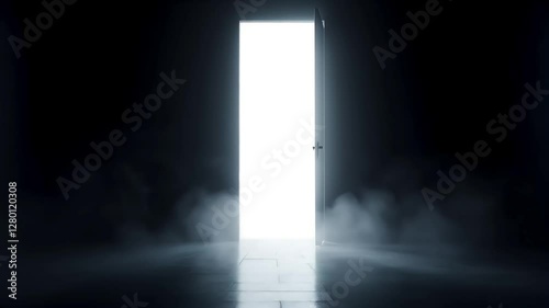 Open glowing white door with dark background and rising fog