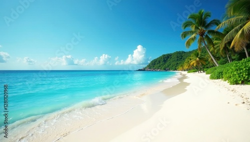 Azure water laps white sand  lush palms sway gently in breeze  untouched  paradise  serene