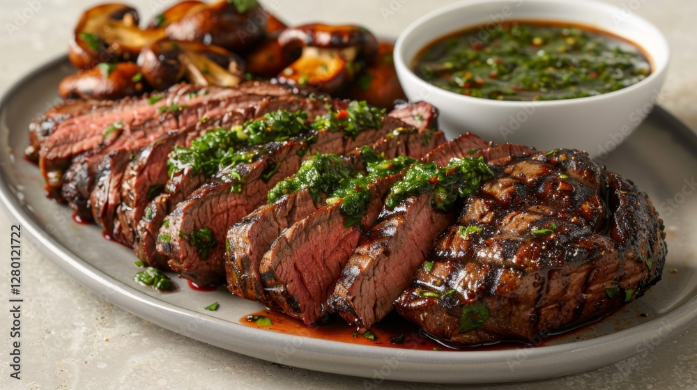Sliced grilled steak rests on a grey platter, topped with vibrant chimichurri sauce, alongside roasted vegetables and a bowl of savory sauce, ready for a delicious meal. Sliced grilled steak rests on a grey platter, topped with vibrant chimichurri sauce, alongside roasted vegetables and a bowl of savory sauce, ready for a delicious meal.