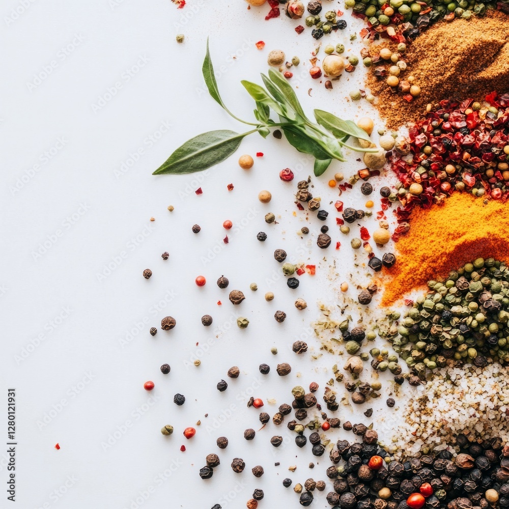 Fototapeta premium Colorful assortment of spices and fresh green herbs on white background