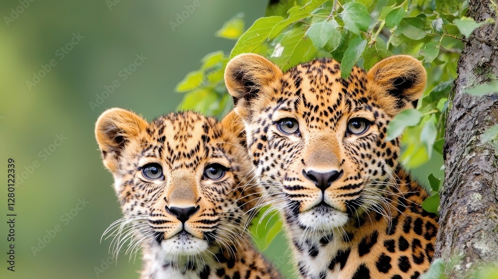 Naklejka premium Two leopard cubs peering from tree, lush green background, wildlife photography
