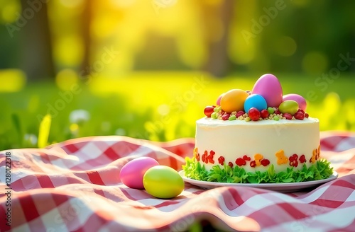 Colorful Easter eggs and birthday cake on a picnic blanket in a sunny park. Warm spring and Easter celebration.