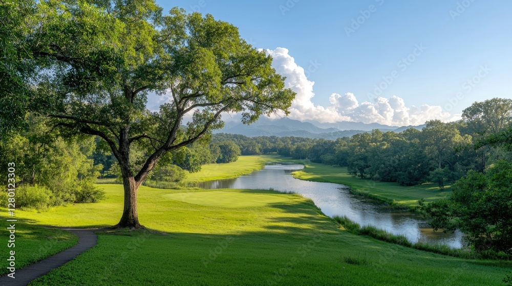 Naklejka premium Serene golf course landscape, mountain view, summer morning