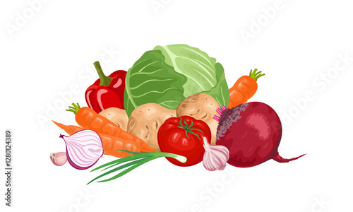 Fresh vegetable heap. Vector cartoon illustration of cabbage, beetroot, carrot, onion, tomato, garlic, potato and bell pepper. Food icon.