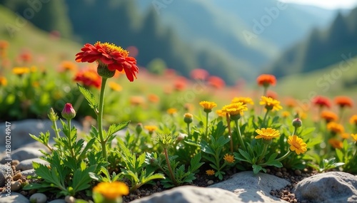 Wildflowers including Achillea millefolium growing from a rock, flowerfield, rocky terrain