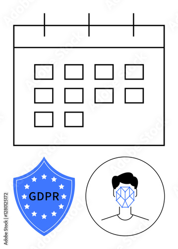 Calendar grid, GDPR shield, and facial recognition mask image. Ideal for privacy policies, compliance planning, data security, legal rights, digital safety, AI ethics and abstract line flat metaphor