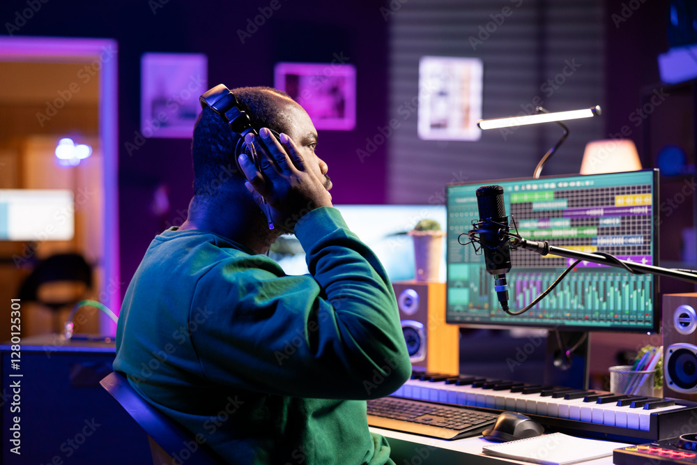 Φωτογραφία African american music producer listening to recorded song in home studio, making room for improvement and editing sound effects