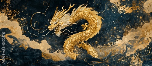 Golden Dragon Soaring Through Clouds, Dark Background, Asian Art Print