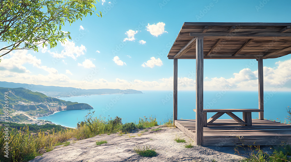 Scenic wooden platform extending towards the vast ocean with a breathtaking view Scenic wooden platform extending towards the vast ocean with a breathtaking view