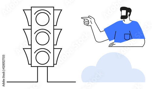 Traffic light next to a man in a blue shirt pointing forward, and a simple cloud shape. Ideal for navigation, direction, decision making, guidance, focus, traffic rules motivation. Minimalistic