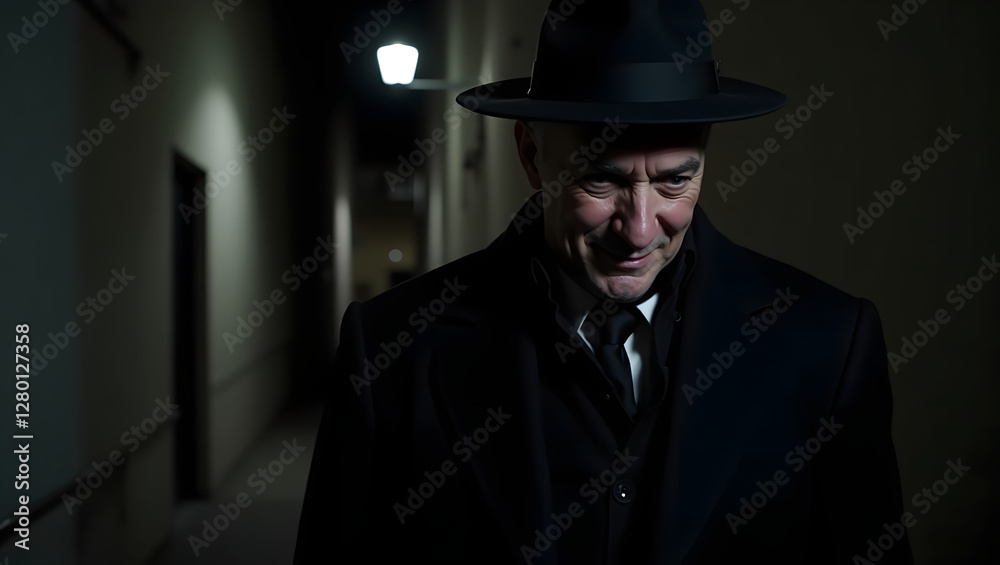 A mysterious man in a fedora and black coat, his face partially obscured by shadows as he smirks confidently. The background is a dimly lit alleyway with a single streetlight casting long shadows. Hig A mysterious man in a fedora and black coat, his face partially obscured by shadows as he smirks confidently. The background is a dimly lit alleyway with a single streetlight casting long shadows. Hig