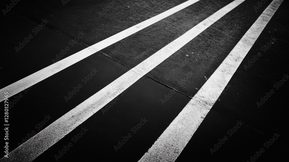 Fototapeta premium Abstract Black and White Road Lines: Three Parallel White Lines on Dark Asphalt