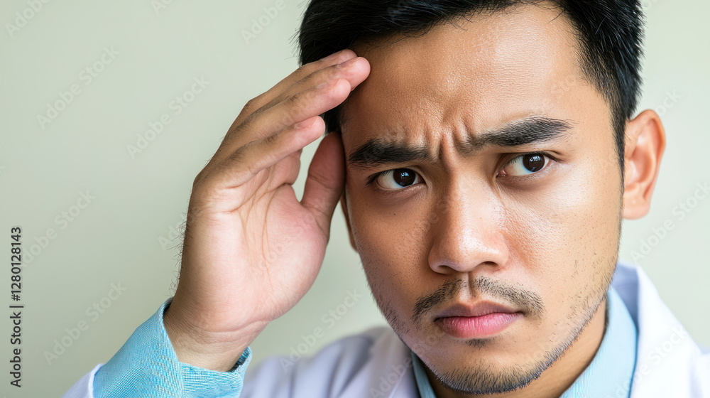 concerned man touching his forehead, expressing deep thought or worry. His serious expression suggests he is contemplating concerned man touching his forehead, expressing deep thought or worry. His serious expression suggests he is contemplating