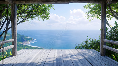 Scenic wooden platform extending towards the vast ocean with a breathtaking view