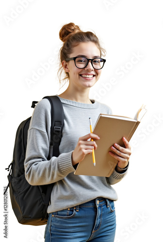 Obraz na płótnie A smiling young woman wearing glasses and a backpack w salonie