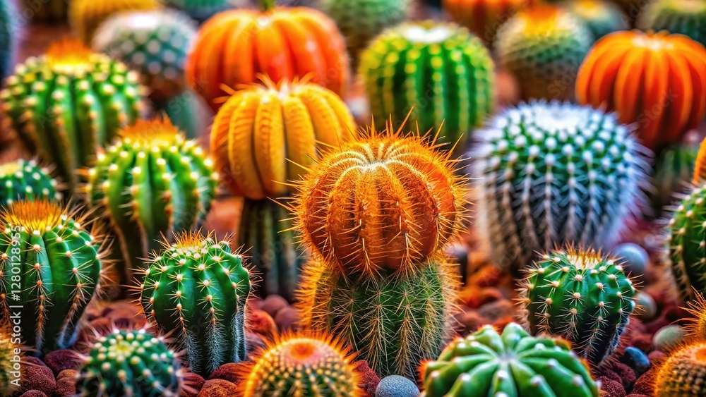 Obraz premium Vibrant Miniature Cacti in Orange and Green Hues - Desert Succulent Plants Stock Photo