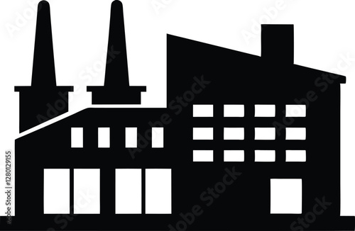 Factory building silhouette vector illustration, factory icon, environmental pollution 