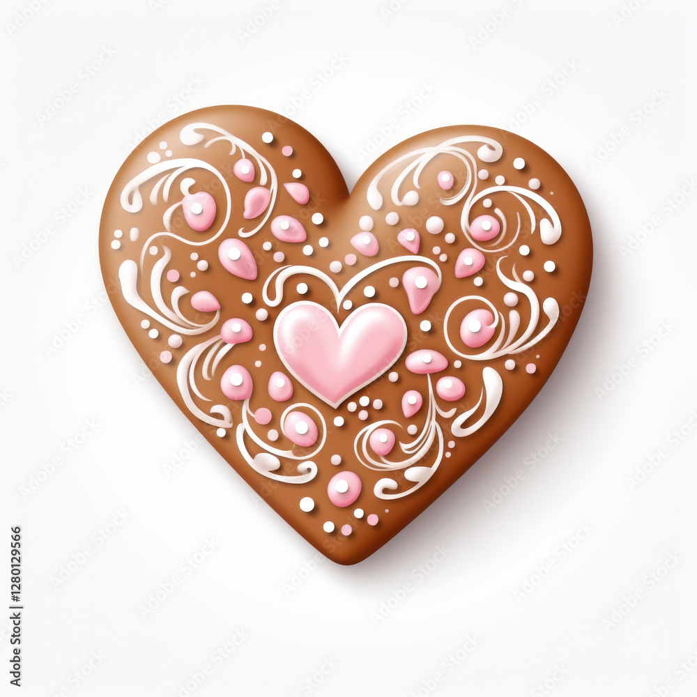 Fototapeta premium Delightful heart shaped gingerbread cookie decorated with pink icing and intricate designs, perfect for celebrations and special occasions