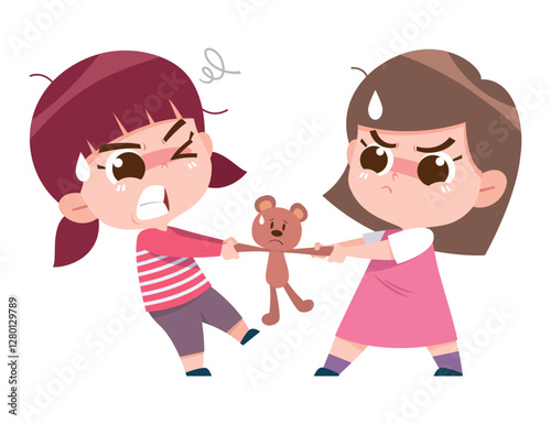 A lively and expressive digital illustration of two young girls arguing and pulling on a teddy bear, both determined to keep it.