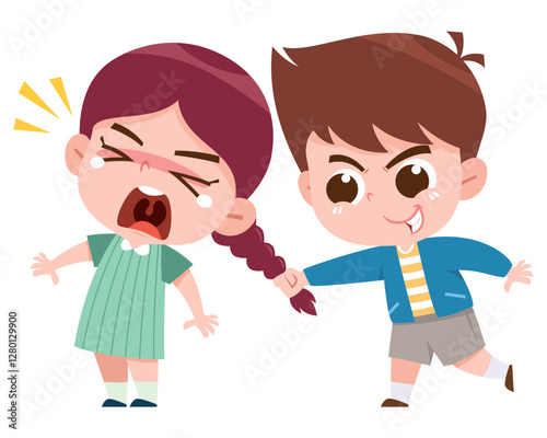 A digital illustration depicting a boy mischievously pulling a girl’s hair while she screams in pain and frustration.