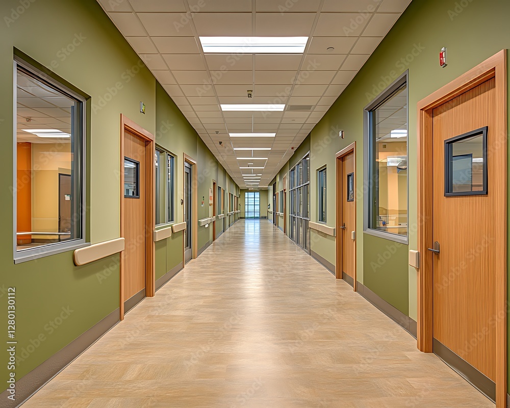 Modern hospital hallway, empty, daylight Modern hospital hallway, empty, daylight