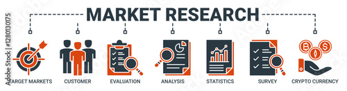 Market research banner web icon vector illustration concept with icon of target markets, customer, evaluation, analysis, statistics, survey and trend icons. Solid color symbol background.