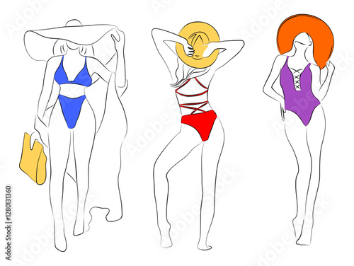 Beautiful women in bikini swimsuit and hat on the beach colored Stylized hand drawn vector illustration. Line art drawing isolated