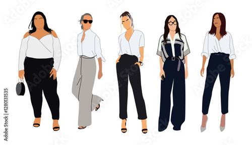 Deverse group of business women standing modern smart casual office otfit. Flat vector illustration isolated on transparent background
