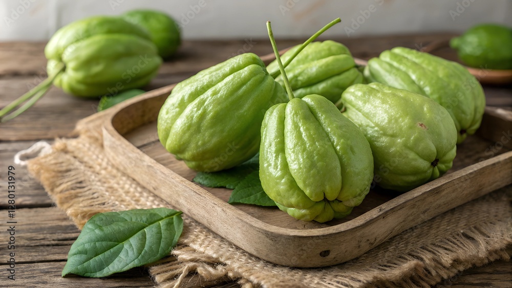 Fresh Chayote: A close-up shot showcases a collection of vibrant green chayotes, carefully arranged on a rustic wooden tray atop a burlap cloth, exuding a natural, healthy, and fresh appeal. Fresh Chayote: A close-up shot showcases a collection of vibrant green chayotes, carefully arranged on a rustic wooden tray atop a burlap cloth, exuding a natural, healthy, and fresh appeal.