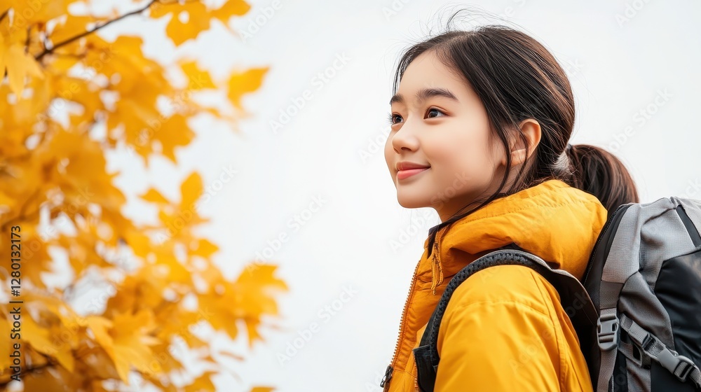 A young woman in a yellow jacket admires the autumn scenery and golden leaves A young woman in a yellow jacket admires the autumn scenery and golden leaves