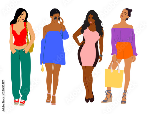 Set of Stylish young women dressed in fashionable clothes. Diverse Pretty girls wearing modern summer outfit, dress. Cartoon vector realistic illustrations isolated