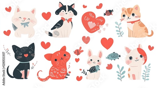 Valentine’s Day fox with love heart, cute pet animal cat dog clipart, isolated on white.  