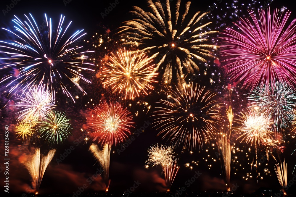 Naklejka premium Vibrant Fireworks Display Illuminating Night Sky
