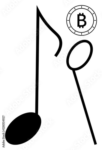 Large musical note beside a Bitcoin symbol, merging music and cryptocurrency. Ideal for finance, technology, cryptocurrency, music industry, investment, digital art, innovation themes. Line metaphor