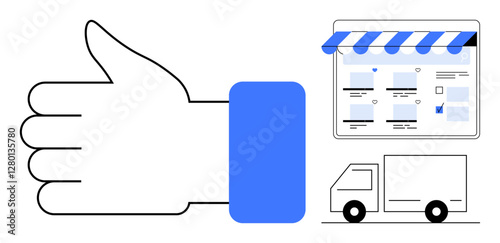 Thumbs-up hand gesture, storefront webpage with awning, delivery truck. Ideal for retail, e-commerce, logistics, customer satisfaction, online shopping speedy delivery digital approval. Abstract