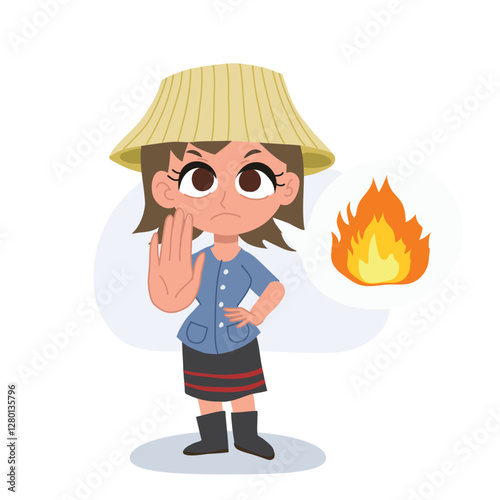 thai farmer woman cartoon promoting no burning pm 2.5 pollution awareness and environmental protection