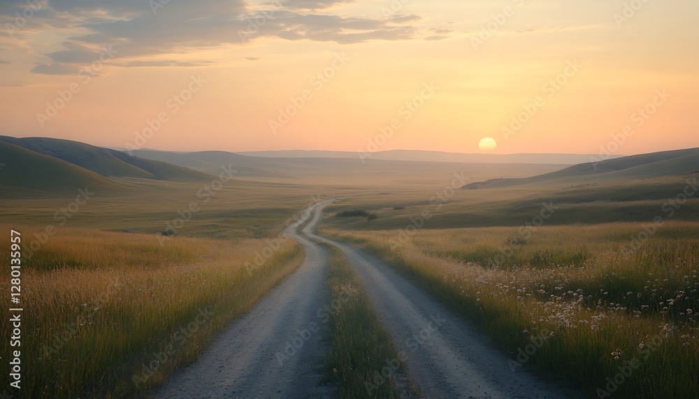 Sunrise Country Road Through Meadow Sunrise Country Road Through Meadow