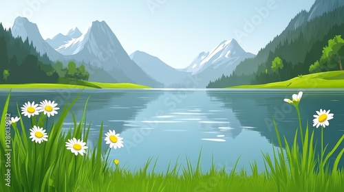 Serene mountain lake vista with alpine scenery wildflowers and lush meadows enhancing idyllic calm and scenic beauty for peaceful escape