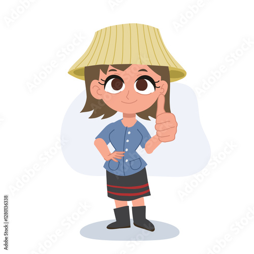 Cute happy thai farmer woman cartoon giving thumbs up