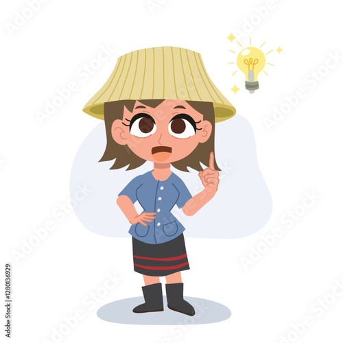 creative thai farm girl cartoon with innovative light bulb