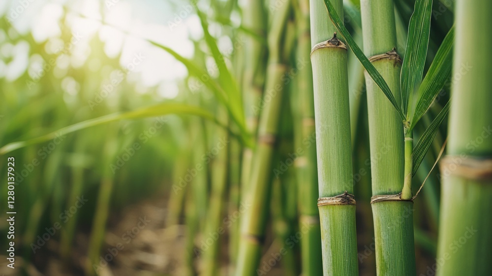 Close-Up View of Lush Green Sugarcane Stalks in Sunlight Close-Up View of Lush Green Sugarcane Stalks in Sunlight