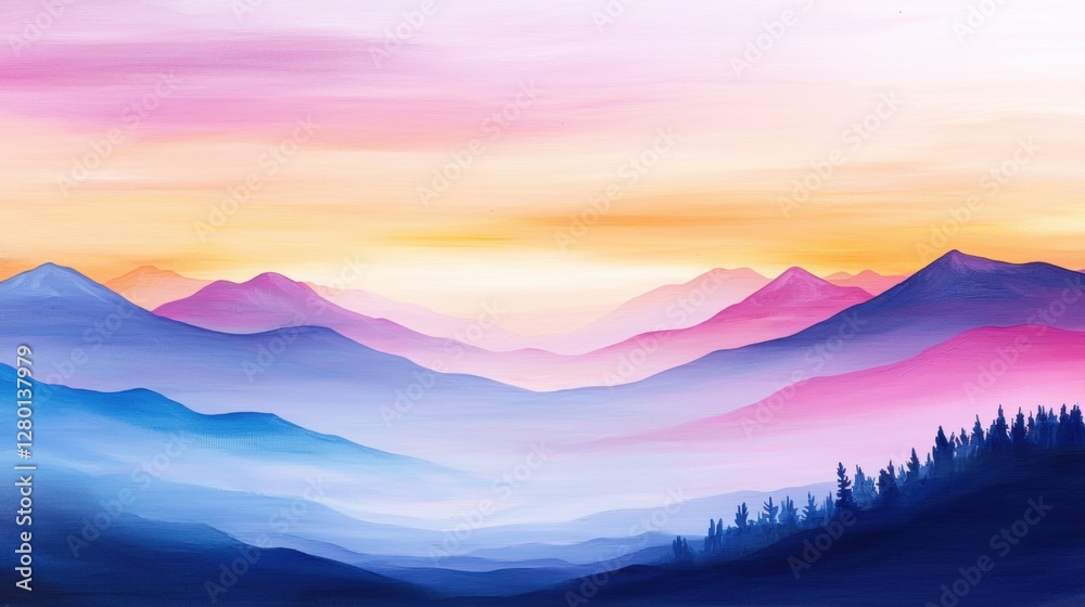 Fototapeta premium Serene and Colorful Mountain Landscape at Sunset with Soft Hues of Pink, Purple, and Blue Overlapping into a Peaceful Horizon