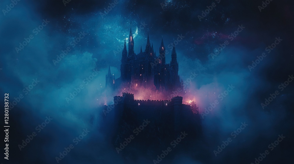 Fototapeta premium Mysterious castle sits atop a misty mountain under a crescent moon
